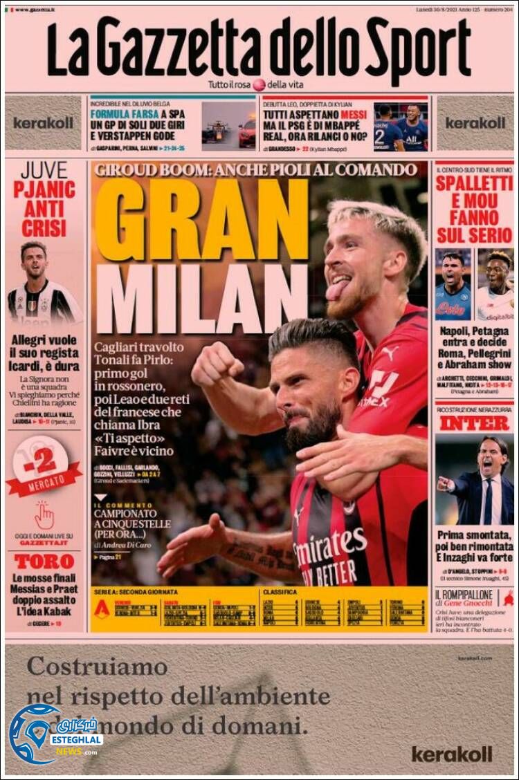 روزنامه ورزشی گاتزتا دلو اسپورت دوشنبه 8 شهریور 1400