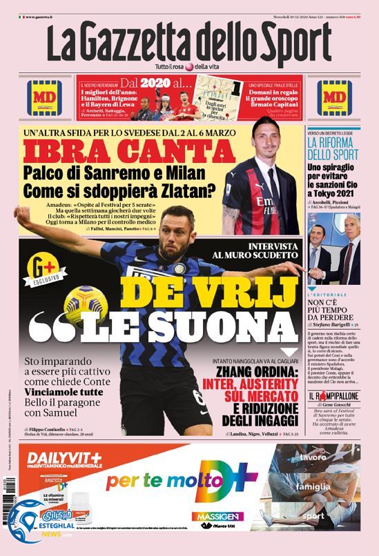 روزنامه ورزشی گاتزتا دلو اسپورت چهارشنبه 10 دی 1399