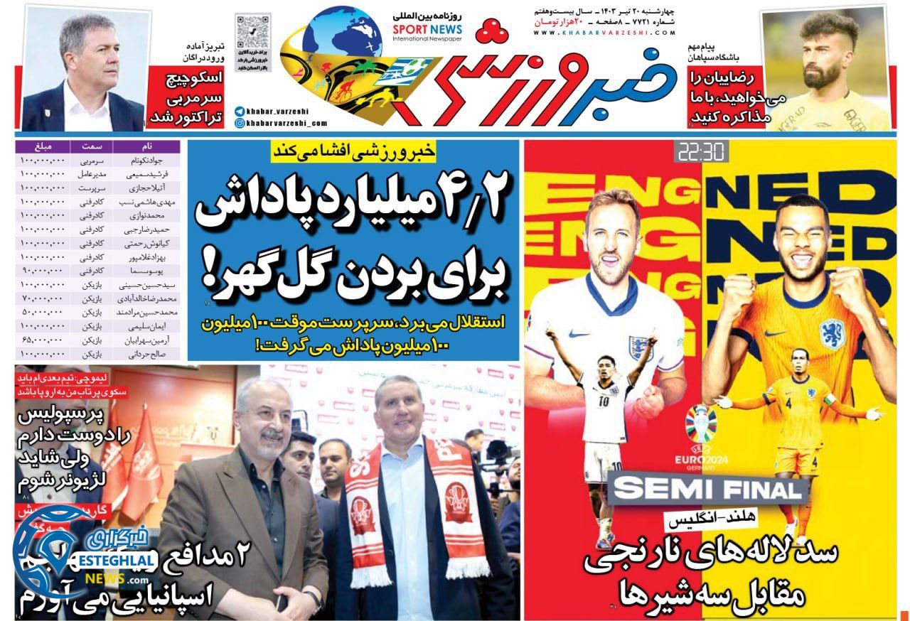 روزنامه خبر ورزشی چهارشنبه 20 تیر 1403  