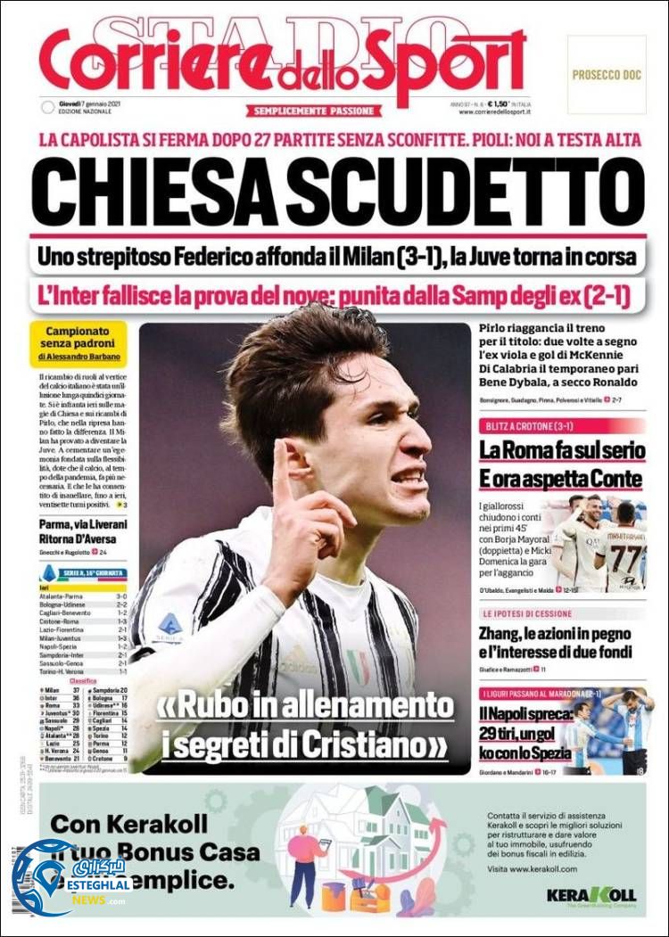 روزنامه ورزشی کوریره دلو اسپورت پنجشنبه 18 دی&nbsp;1399