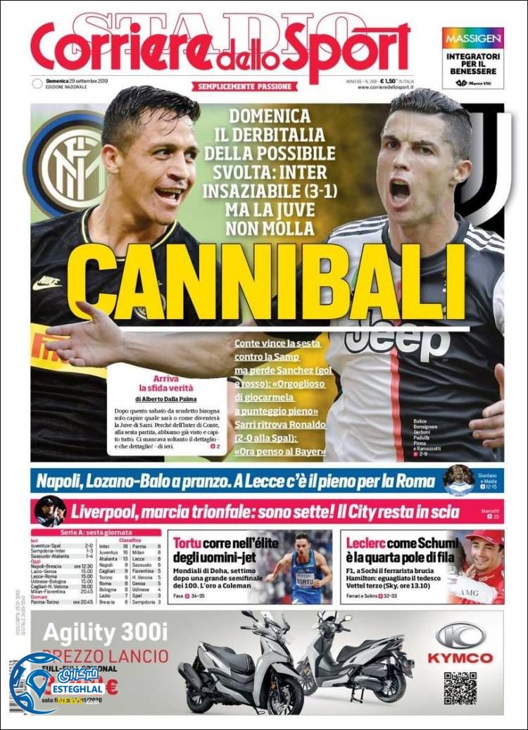 روزنامه ورزشی کوریره دلو اسپورت یکشنبه 7 مهر 1398 