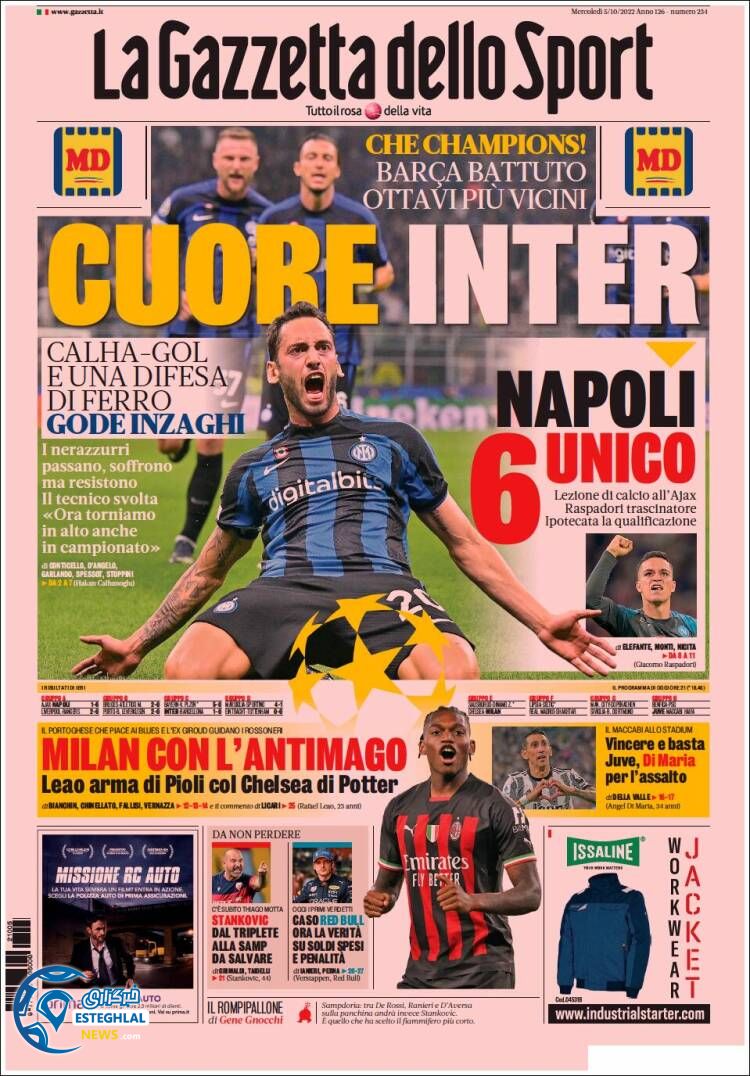 روزنامه ورزشی گاتزتا دلو اسپورت چهارشنبه 13 مهر 1401 