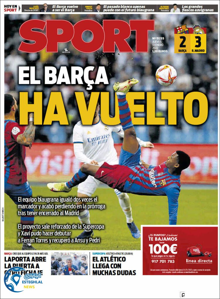 روزنامه ورزشی اسپورت پنجشنبه 23 دی 1400