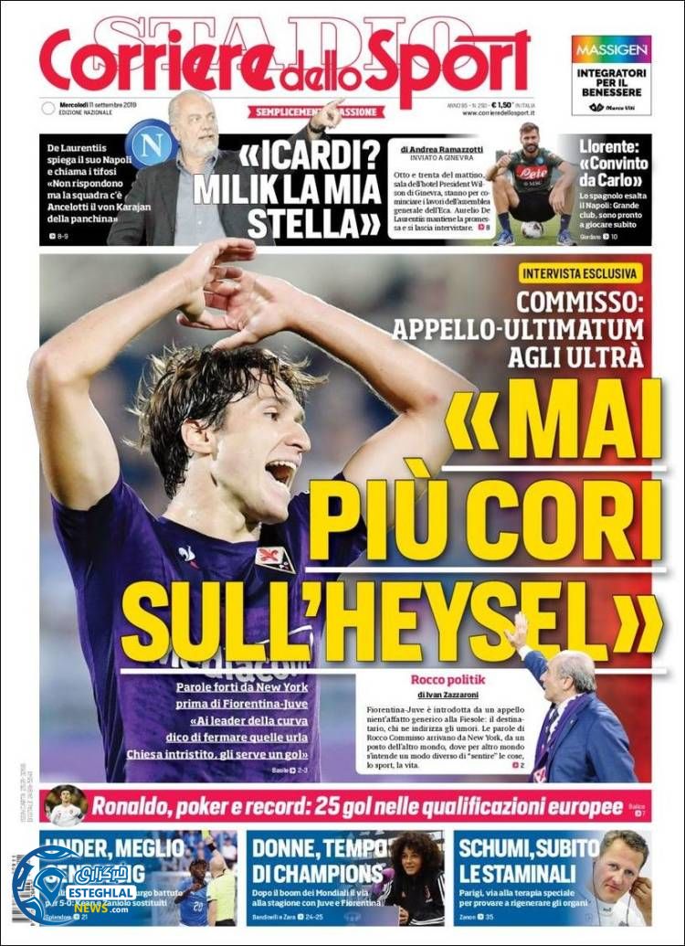 روزنامه ورزشی کوریره دلو اسپورت چهارشنبه 20 شهریور 1398