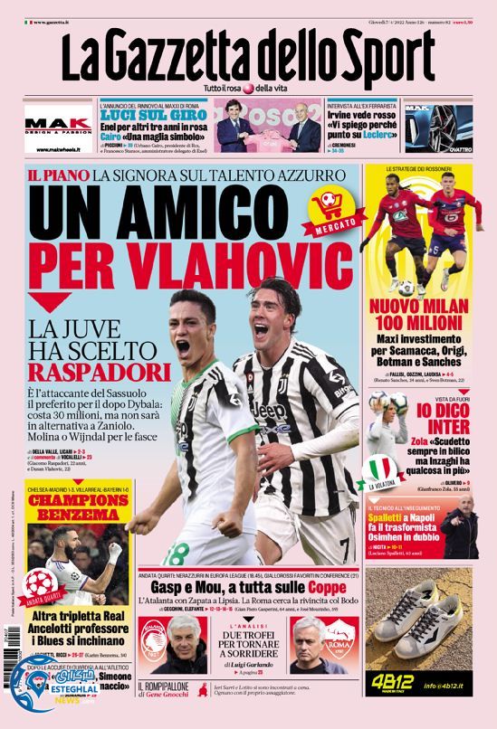 روزنامه ورزشی گاتزتا دلو اسپورت پنجشنبه 18 فروردین 1401