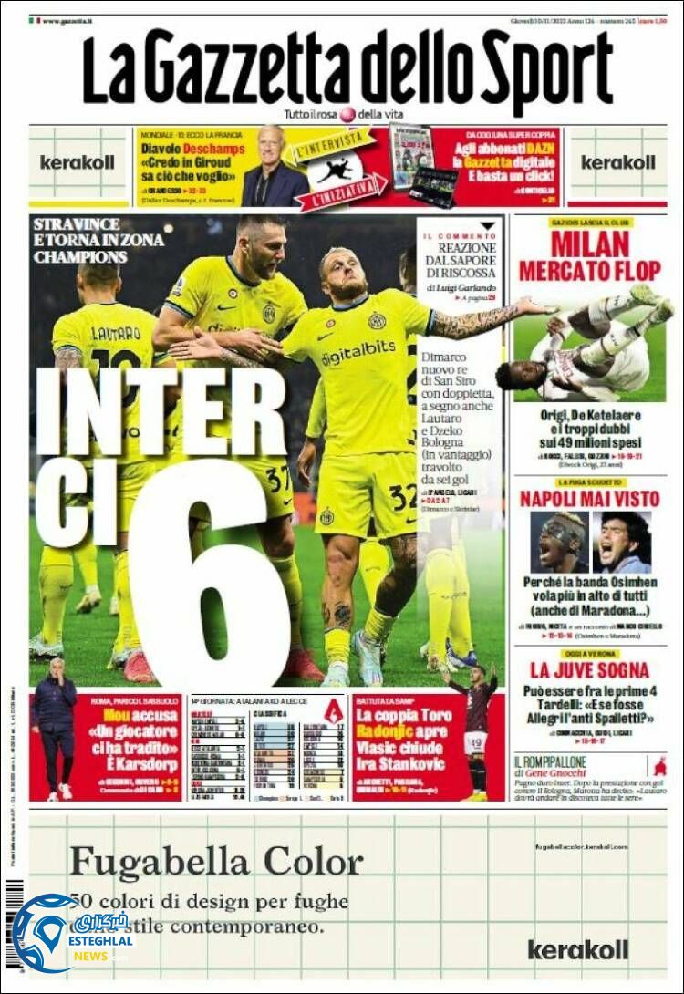 روزنامه ورزشی گاتزتا دلو اسپورت پنجشنبه 19 آبان 1401 