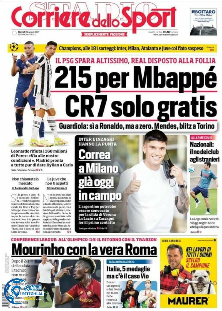 روزنامه ورزشی کوریره دلو اسپورت پنجشنبه 4 شهریور 1400