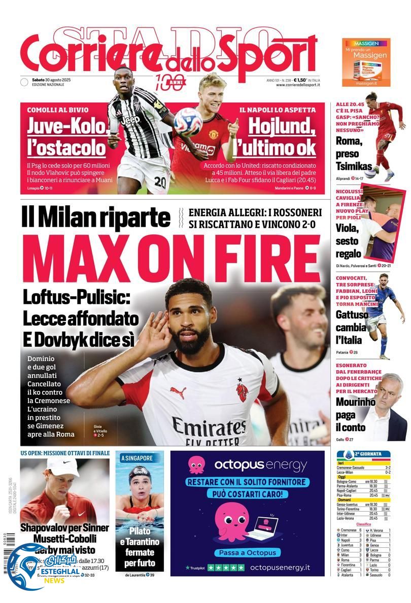 روزنامه ورزشی کوریره دلو اسپورت شنبه 8 شهریور 1404 