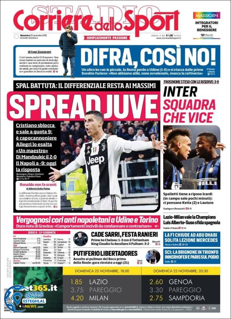 روزنامه ورزشی کوریره دلو اسپورت یکشنبه 4 آذر 1397