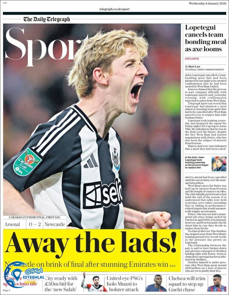 روزنامه  ورزشی تللگراف  اسپورت چهارشنبه 19 دی 1403  