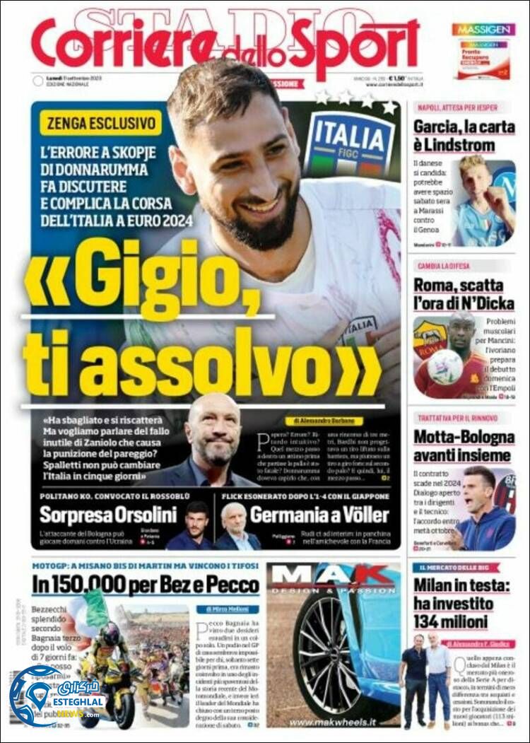 روزنامه ورزشی کوریره دلو اسپورت دوشنبه 20 شهریور 1402  