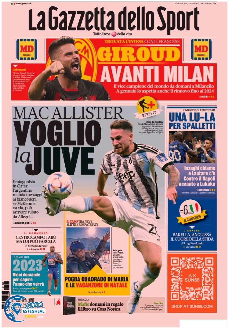 روزنامه ورزشی گاتزتا دلو اسپورت پنجشنبه 8 دی 1401 