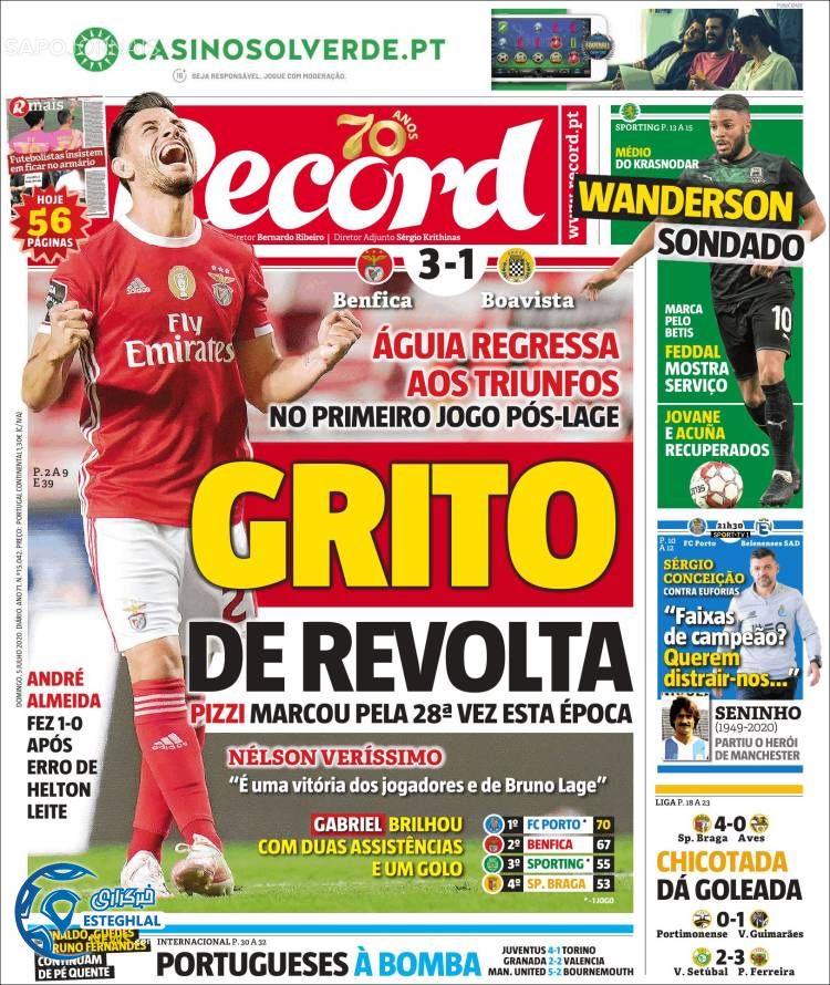 روزنامه ورزشی رکورد یکشنبه 15 تیر 1399