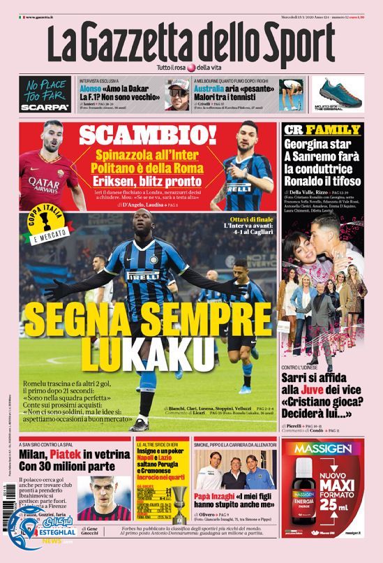 روزنامه ورزشی گاتزتا دلو اسپورت چهارشنبه 25 دی 1398