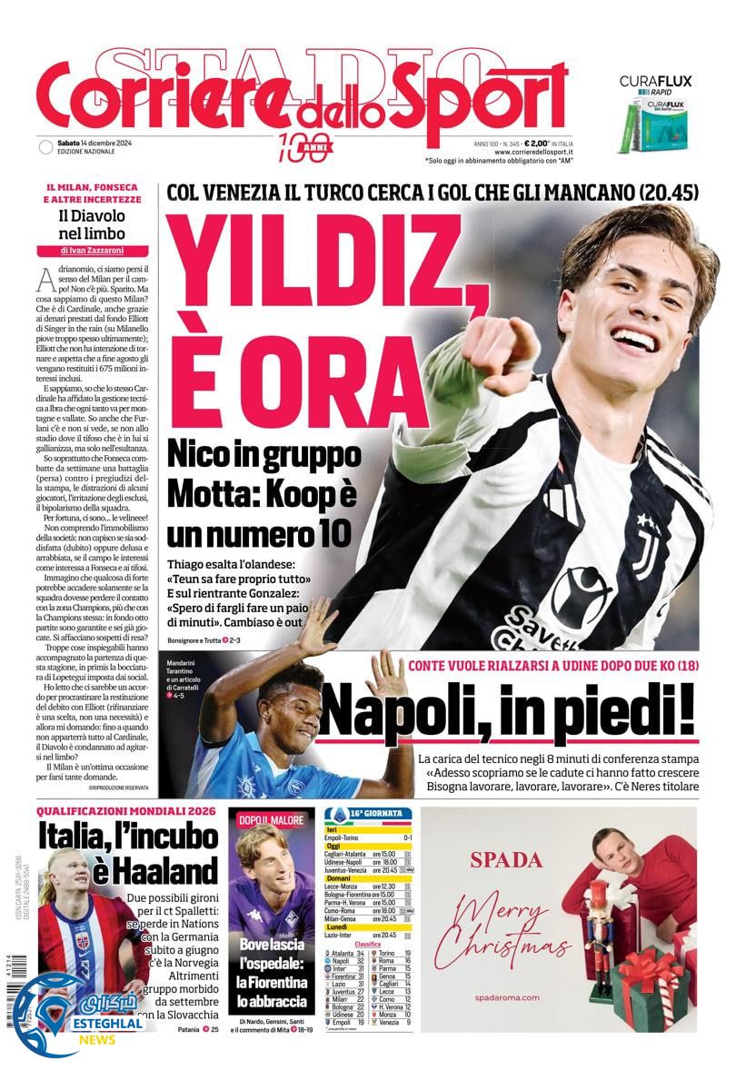 روزنامه  ورزشی کوریره دلو اسپورت شنبه 24 آذر 1403 