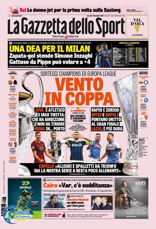 روزنامه ورزشی گاتزتا دلو اسپورت سه شنبه 27 آذر 1397