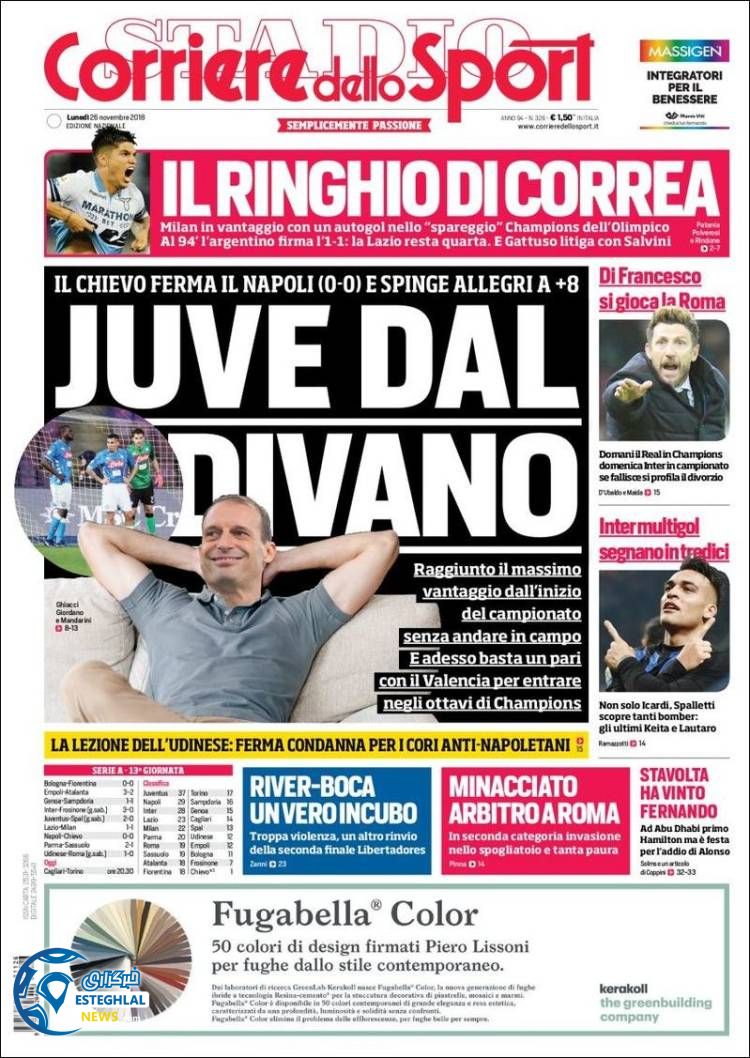 روزنامه ورزشی کوریره دلو اسپورت دوشنبه 5 آذر 1397