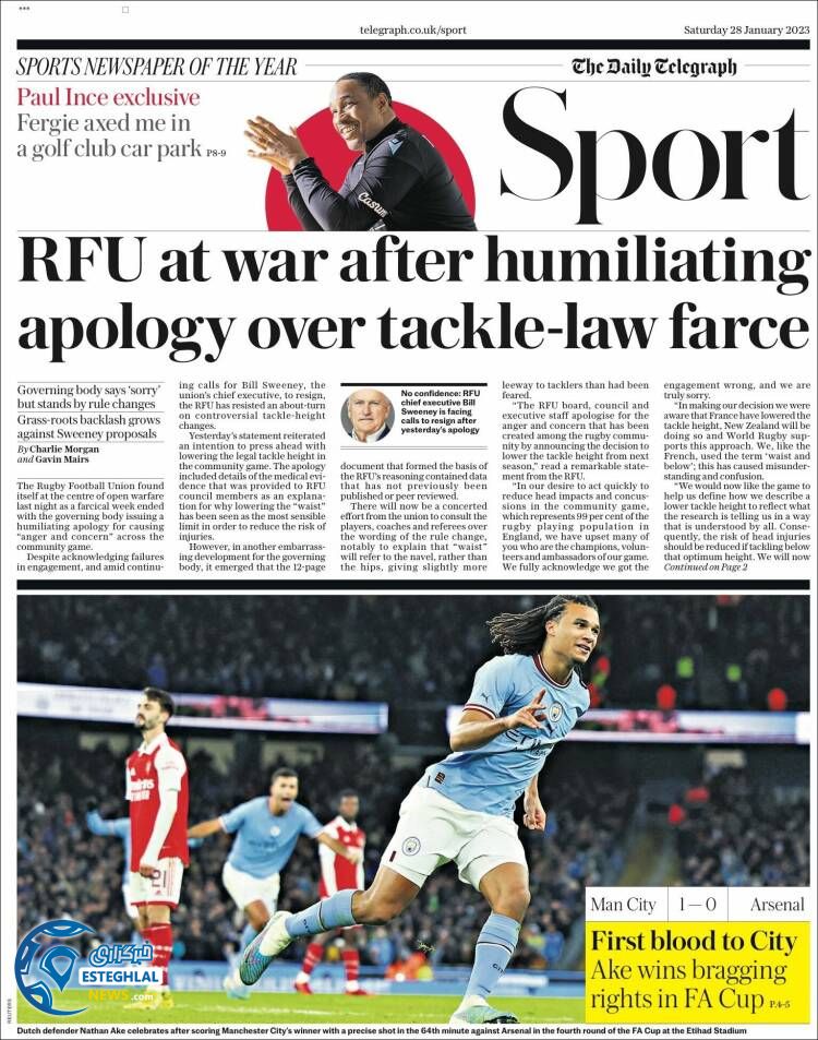 روزنامه ورزشی تلگراف اسپورت شنبه 8 بهمن 1401  