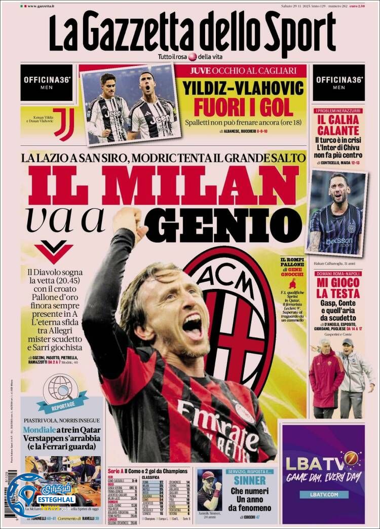 روزنامه  ورزشی گاتزتا دلو اسپورت شنبه 8 آذر 1404  