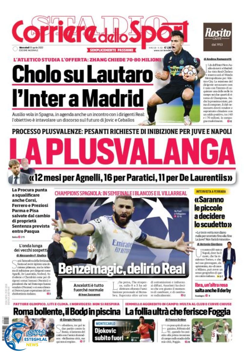 روزنامه ورزشی کوریره دلو اسپورت چهارشنبه 24 فروردین 1401