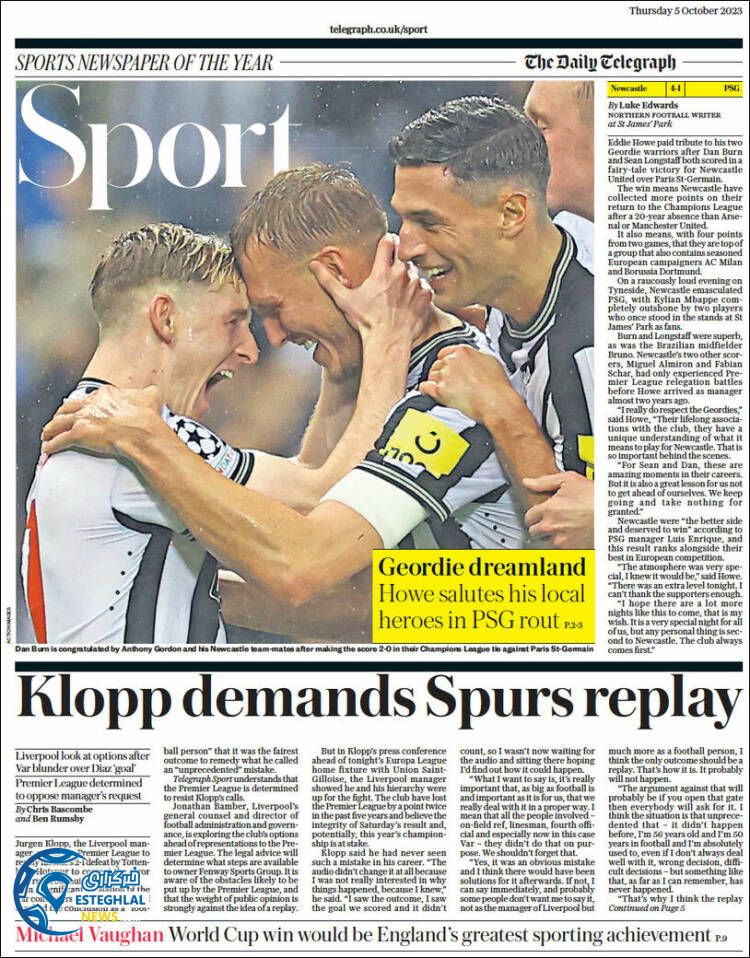 روزنامه ورزشی تلگراف اسپورت پنجشنبه 13 مهر 1402 