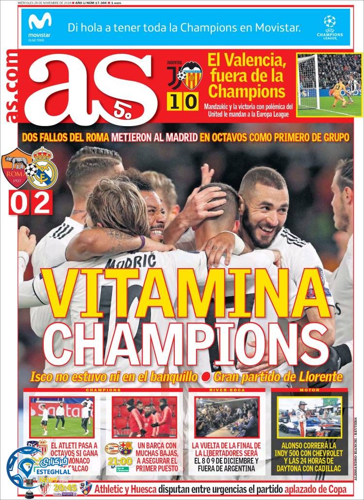 روزنامه ورزشی آ اس چهارشنبه 7 آذر 1397