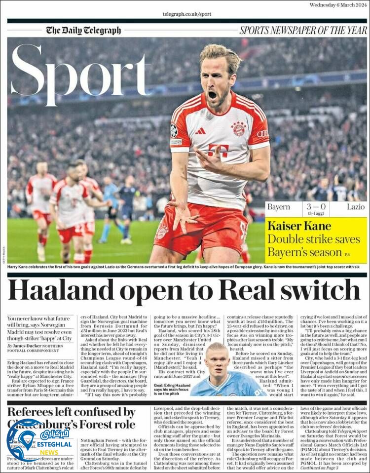 روزنامه  ورزشی تلگراف اسپورت چهارشنبه 16 اسفند 1402 