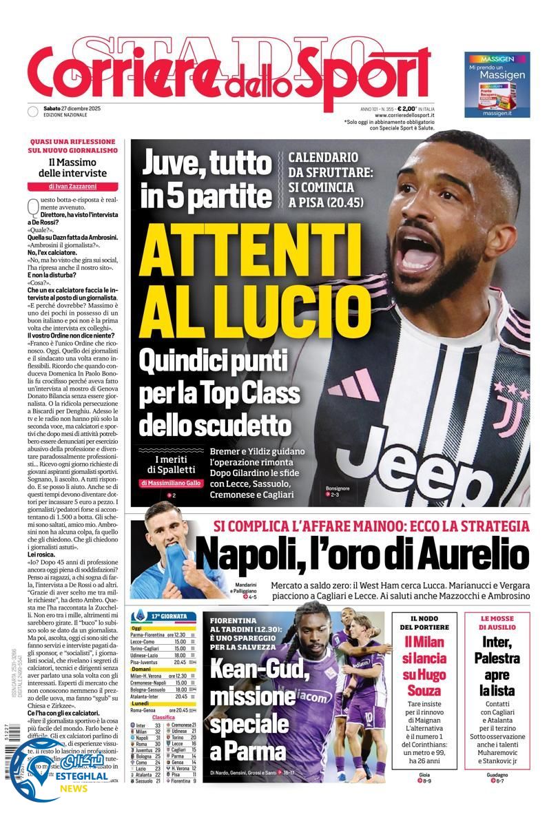 روزنامه  ورزشی  کوریره دلو اسپورت شنبه 6 دی 1404  