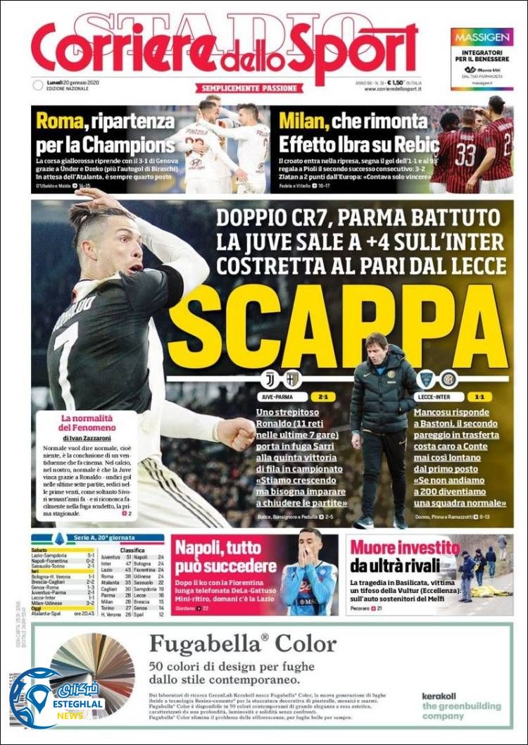 روزنامه ورزشی کوریره دلو اسپورت دوشنبه 30 دی 1398