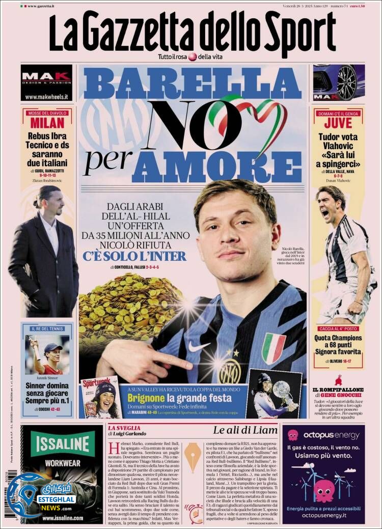 روزنامه  ورزشی گاتزتا دلو اسپورت جمعه 8 فروردین 1404 