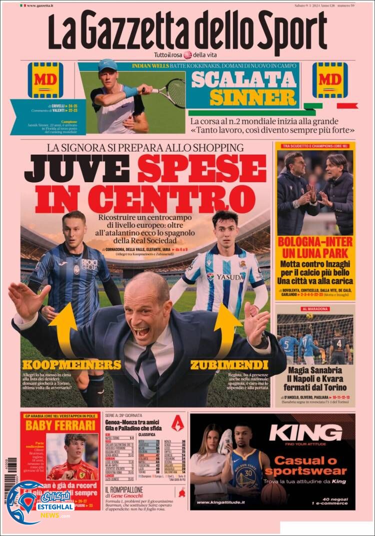 روزنامه ورزشی گاتزتا دلو اسپپورت شنبه 19 اسفند 1402 