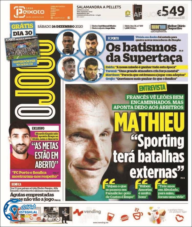 روزنامه ورزشی جوگو شنبه 6 دی 1399