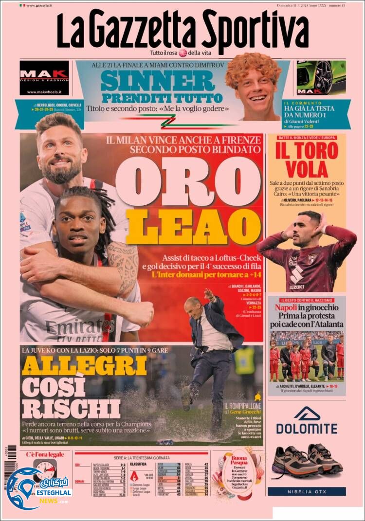 روزنامه ورزشی گاتزتا دلو اسپورت یکشنبه 12 فروردین 1403 