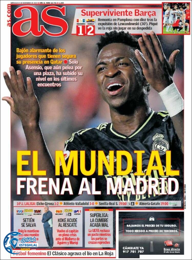 روزنامه ورزشی آ اس چهارشنبه 18 آبان 1401 