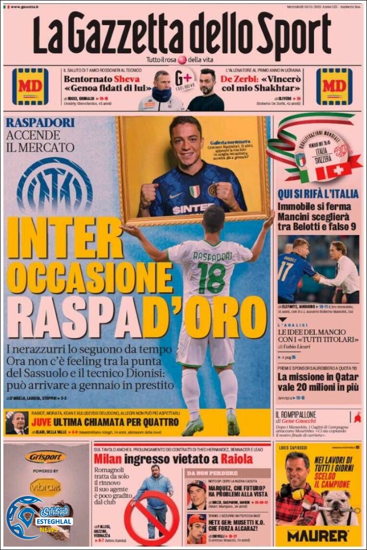 روزنامه ورزشی گاتزتا دلو اسپورت چهارشنبه 19 آبان 1400