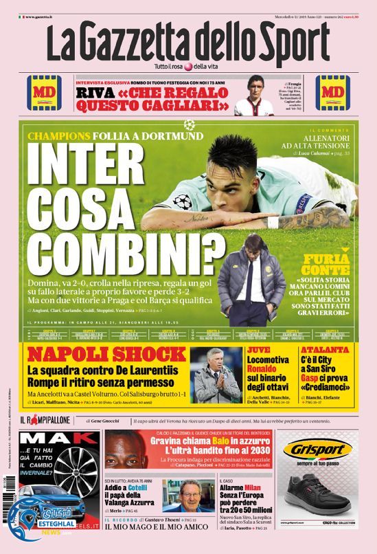 روزنامه ورزشی گاتزتا دلو اسپورت چهارشنبه 15 آبان 1398