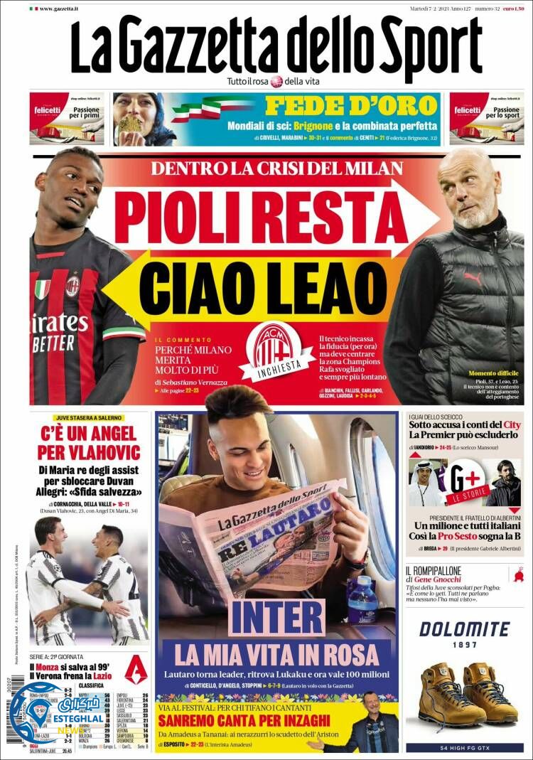 روزنامه ورزشی گاتزتا دلو اسپورت سه شنبه 18 بهمن 1401