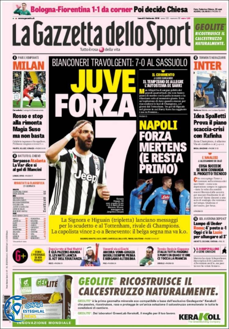 روزنامه ورزشی گاتزتا دلو اسپورت دوشنبه 16 بهمن 1396