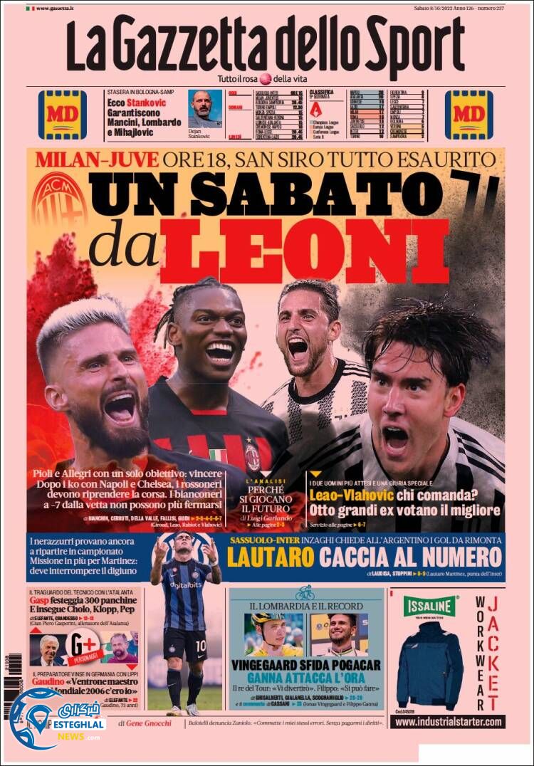 روزنامه ورزشی گاتزتا دلو اسپورت شنبه 16 مهر 1401 