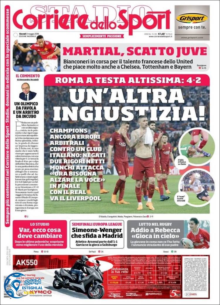 روزنامه ورزشی کوریره دلو اسپورت پنجشنبه 13 اردیبهشت 1397