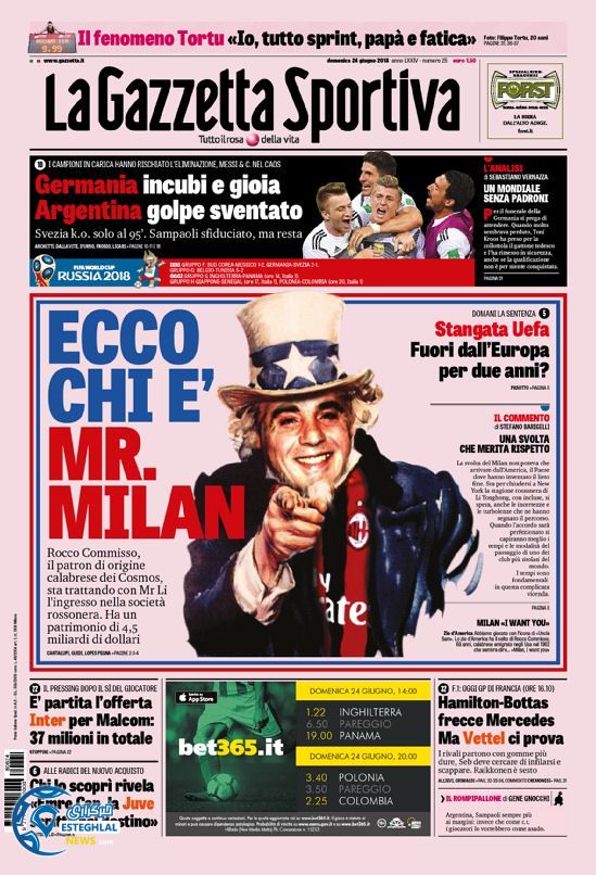 روزنامه ورزشی گاتزتا دلو اسپورت یکشنبه 3 تیر 1397