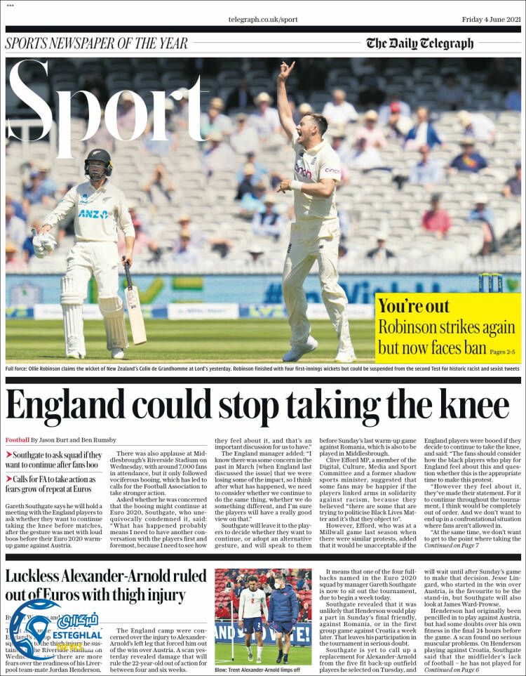 روزنامه ورزشی تلگراف اسپورت جمعه 14 خرداد 1400