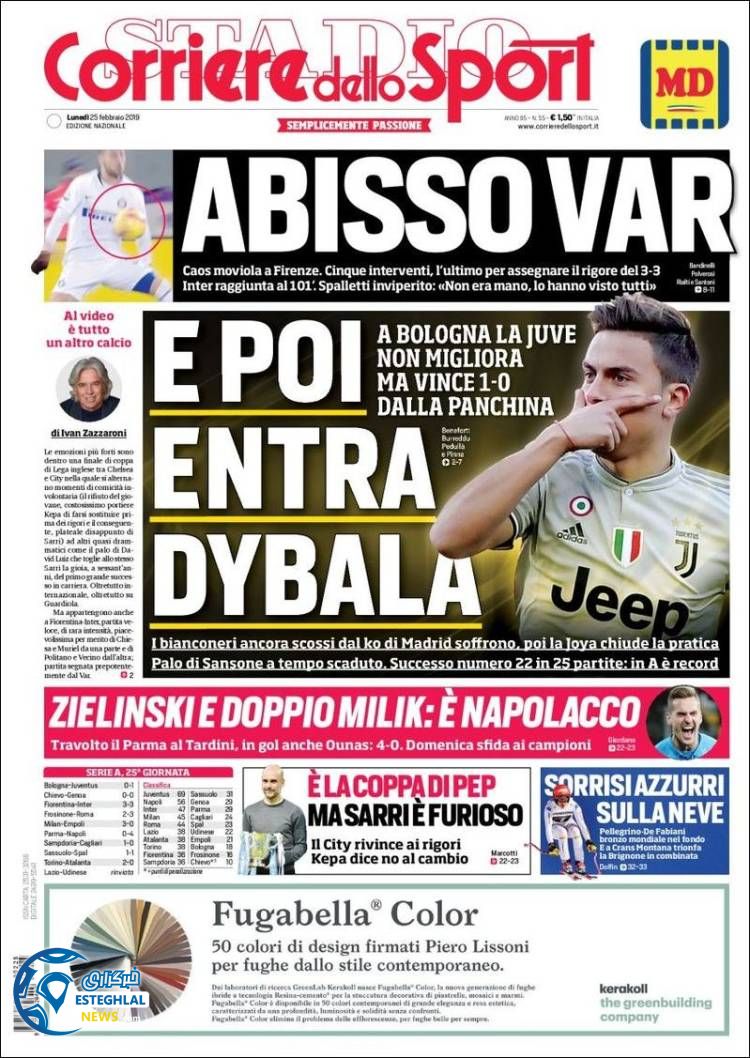 روزنامه ورزشی کوریره دلو اسپورت دوشنبه 6 اسفند 1397