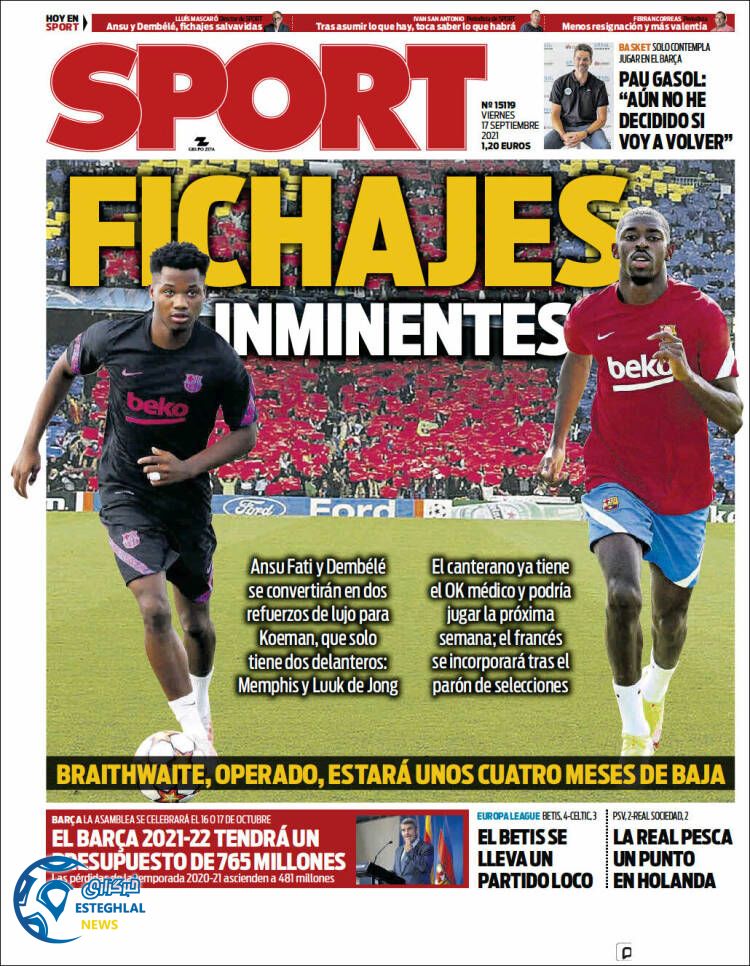 روزنامه ورزشی اسپورت جمعه 26 شهریور 1400