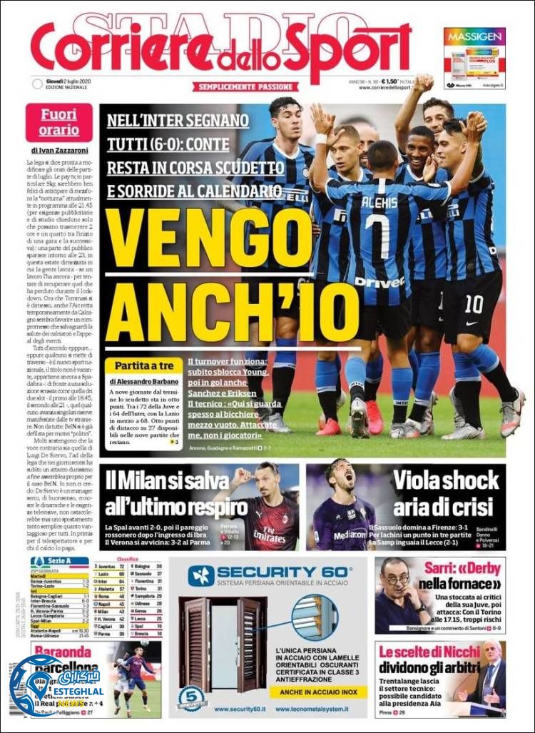 روزنامه ورزشی کوریره دلو اسپورت پنجشنبه 12 تیر 1399