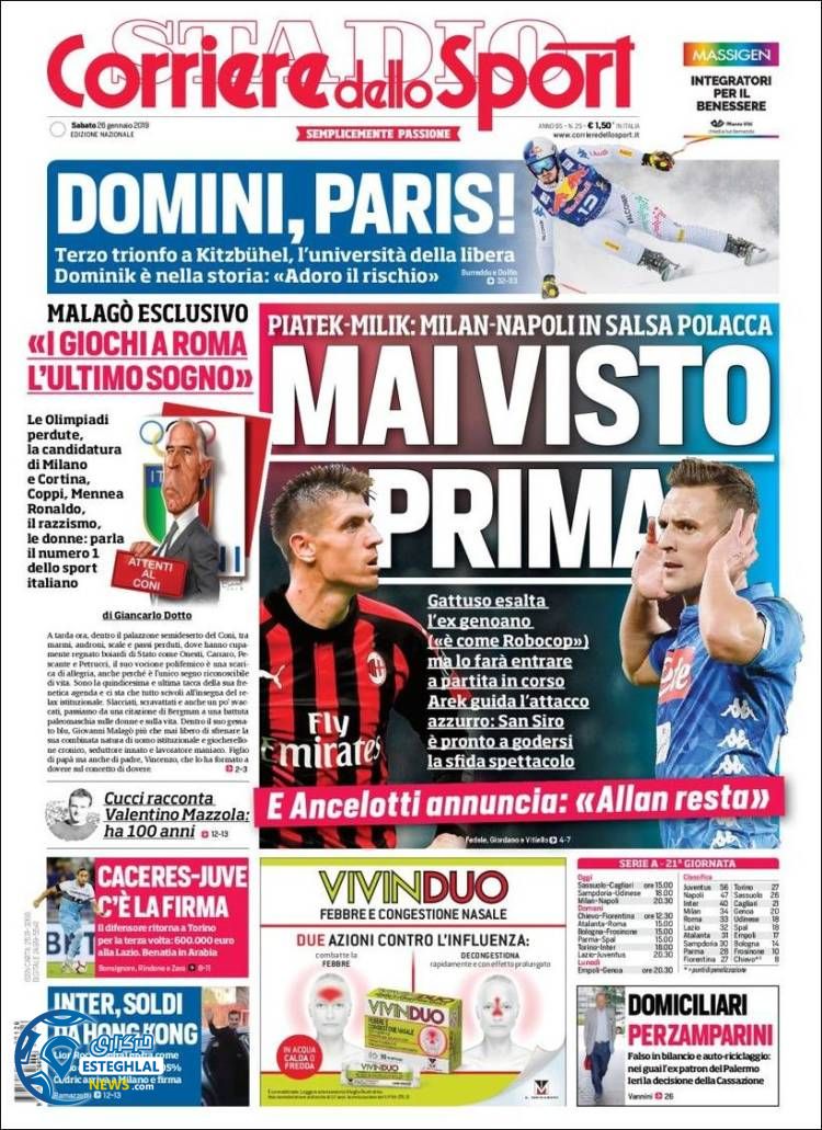 روزنامه ورزشی کوریره دلو اسپورت شنبه 6 بهمن 1397