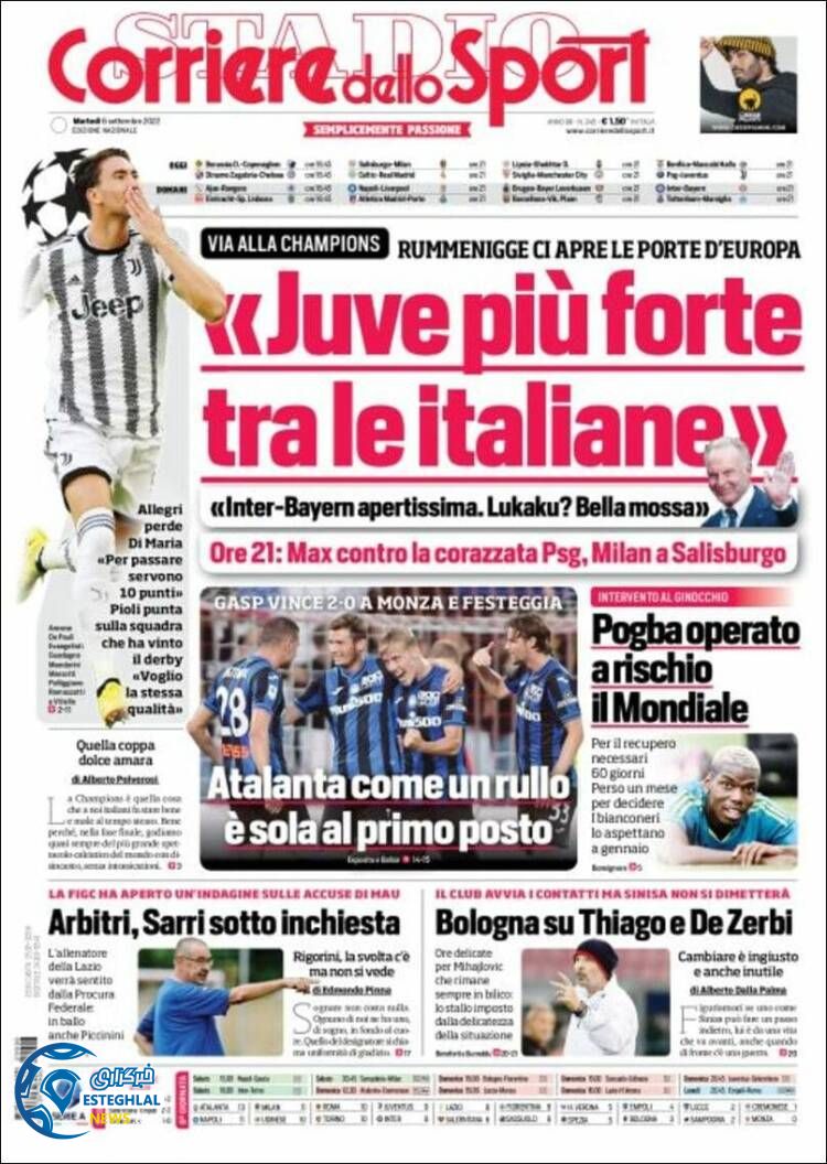 روزنامه ورزشی کوریره دلو اسپورت سه شنبه 15 شهریور 1401 