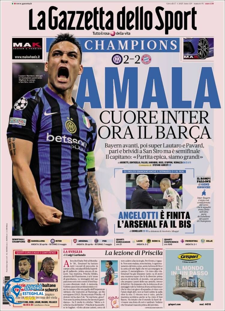 روزنامه ورزشی گاتزتا دلو اسپورت  پنجشنبه 28 فروردین  1404