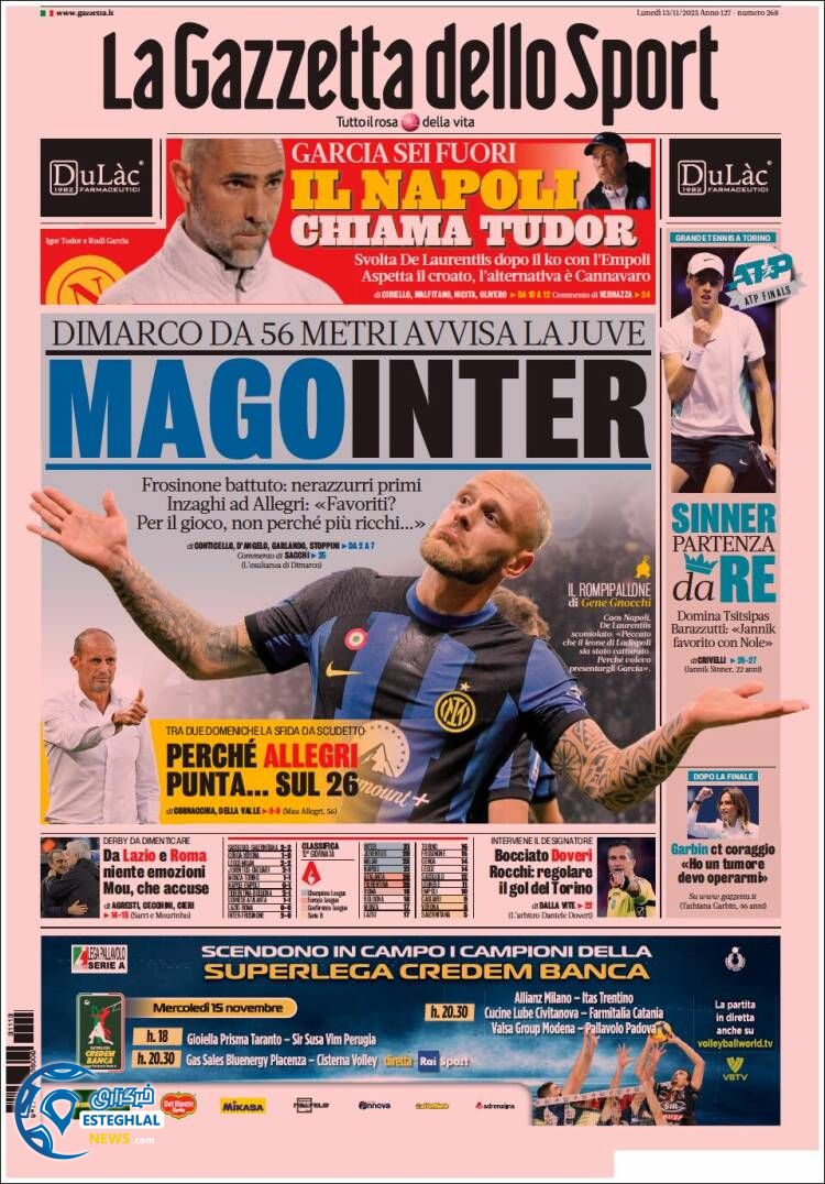 روزنامه  ورزشی گاتزتا دلو اسپورت دوشنبه 22 آبان 1402