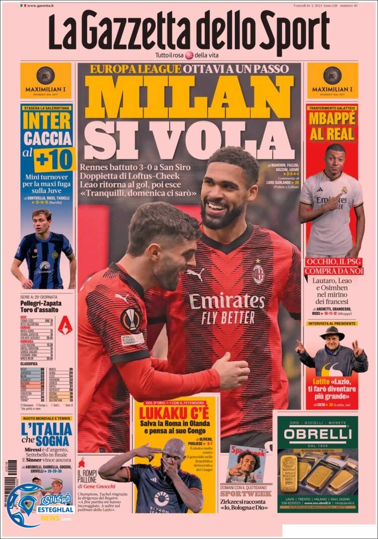 روزنامه ورزشی گاتزتا دلو اسپورت جمعه 27 بهمن 1402